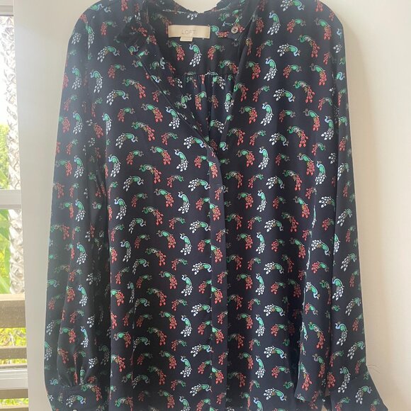 Loft‎ Navy Peacock Print Blouse, Long-Sleeve, Button-down, Large, 453560 - Picture 1 of 8